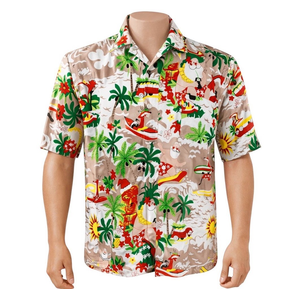 Waikiki Creations Hawaiian Aloha Christmas Shirt Medium Surfing Santa Reindeer